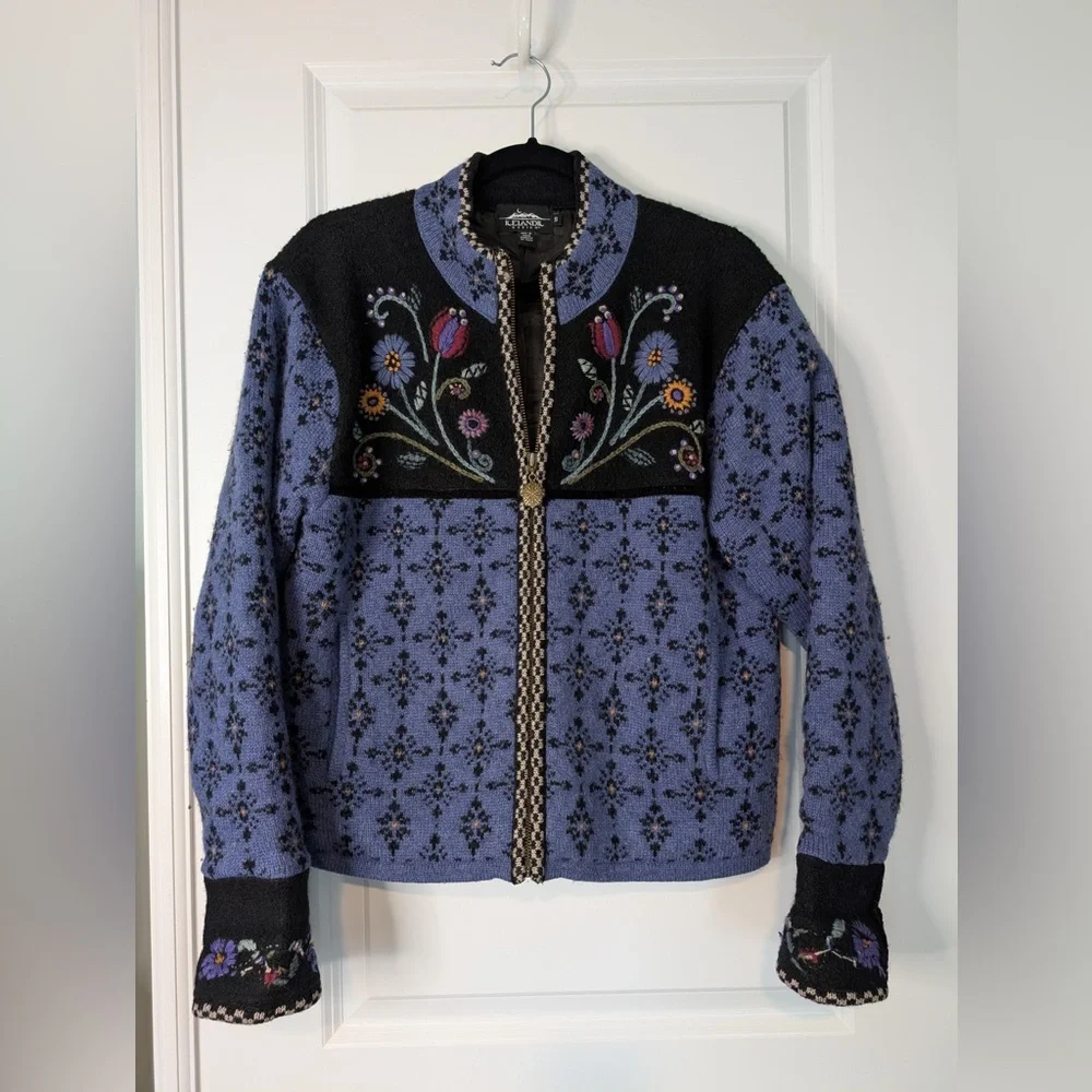 Vintage Icelandic Design Sweater Wool Nordic Embroidered Full Zip Lined Small - Picture 1 of 12